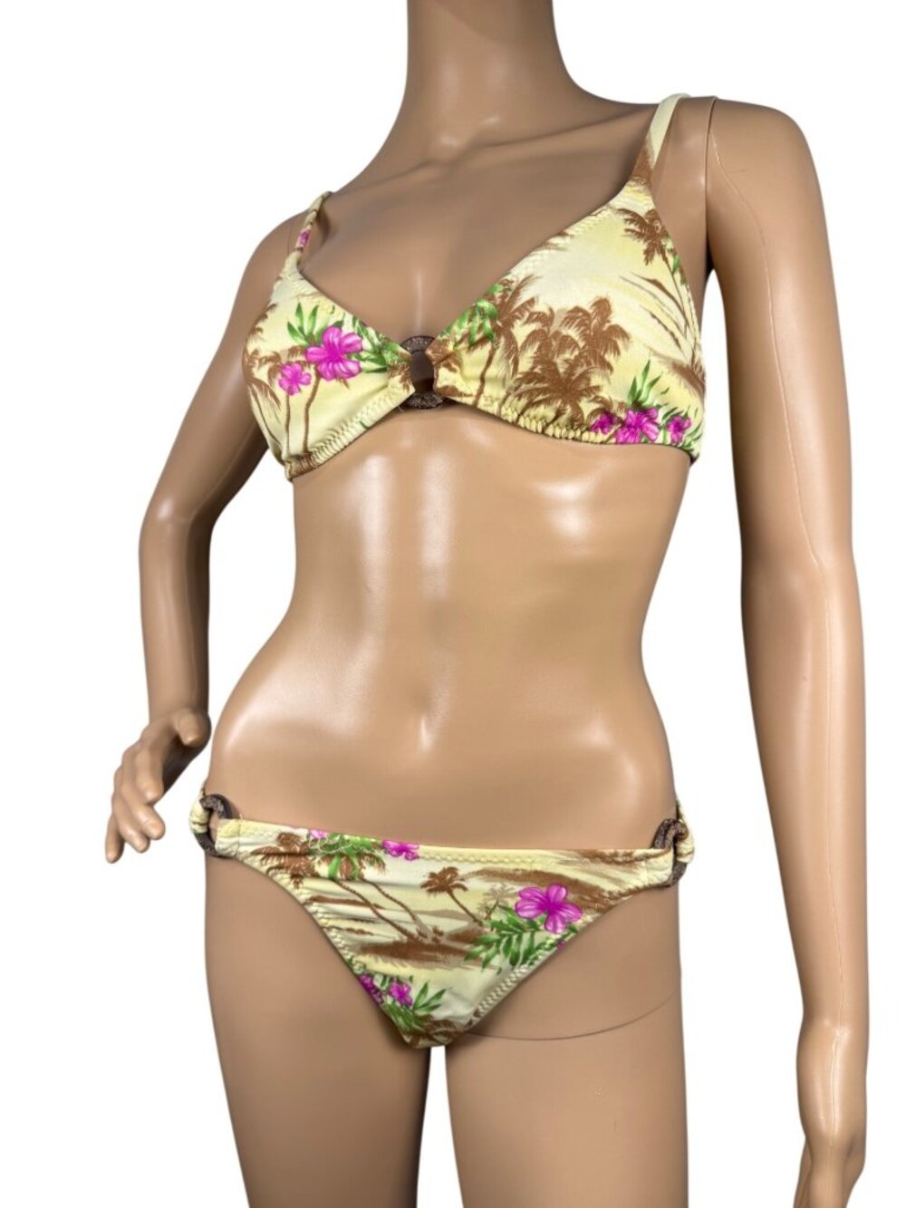 Y2K Tropical Print Bikini Set Ring Detail Shimmery Swimwear S Top M Bottom Adjus
